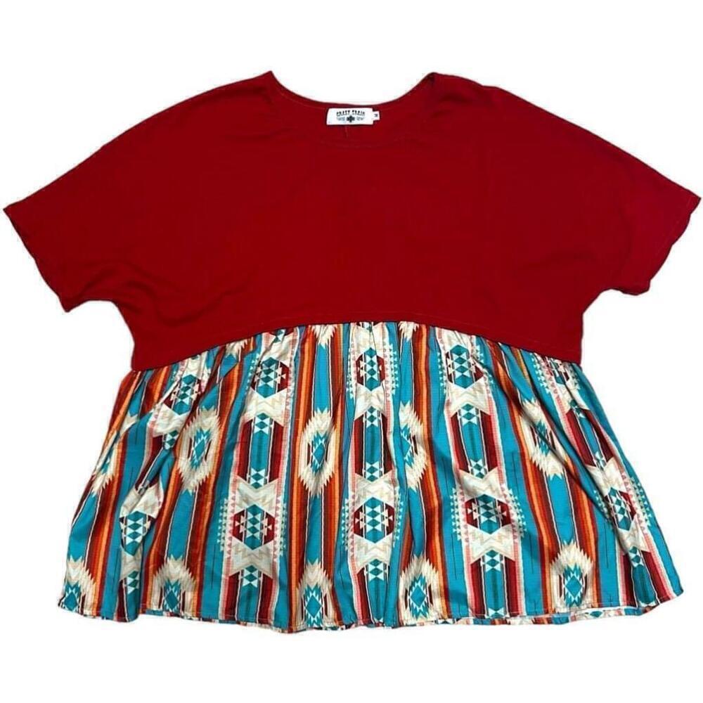Crazy Train Red & Turquoise Tribal Print Oversized Boho WesternTop - Size M - Picture 11 of 11